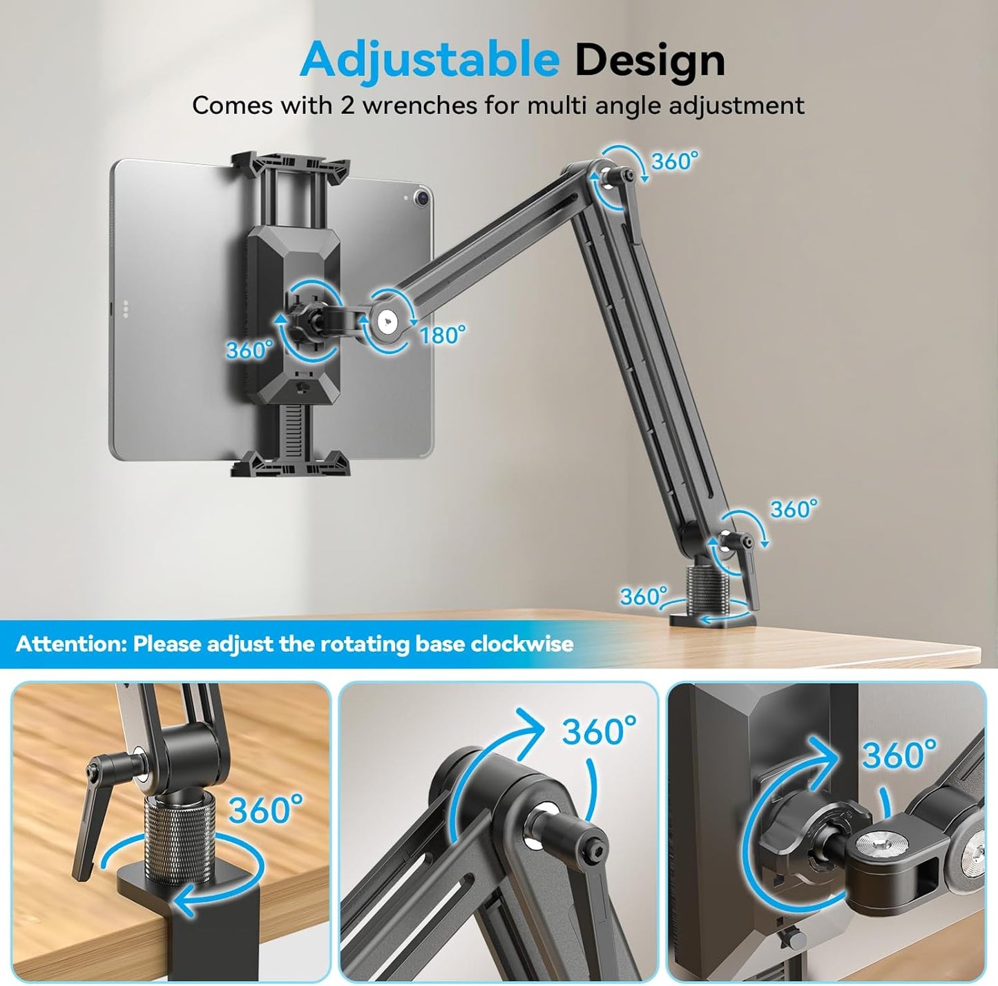 Adjustable Portable Monitor Stand 15.6" - 360° Rotating Base Tall Tablet Desk Arm Holder Stand for iPad Air/Pro/Mini Swivel Flexible Bed Clamp Mount Soporte para Tablet/Monitor Portatil/Ereader