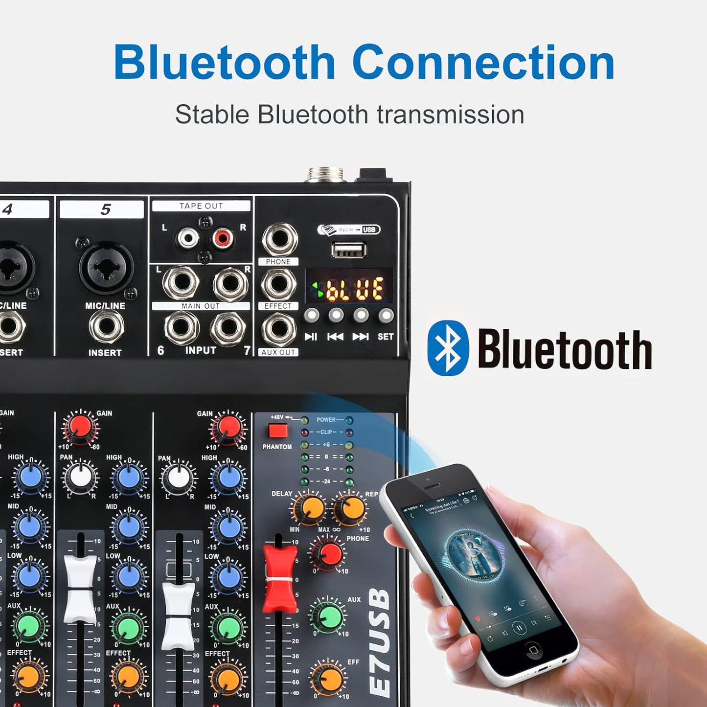 Dj Mixers 7 Channel Audio Mixer Sound Board with Bluetooth, Usb Audio Interface with 48V Phantom Power Sounds Mixer Board with FX Reverb Delay Effect for Streaming