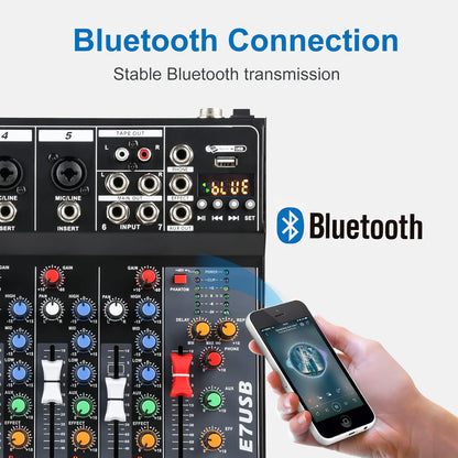 Dj Mixers 7 Channel Audio Mixer Sound Board with Bluetooth, Usb Audio Interface with 48V Phantom Power Sounds Mixer Board with FX Reverb Delay Effect for Streaming