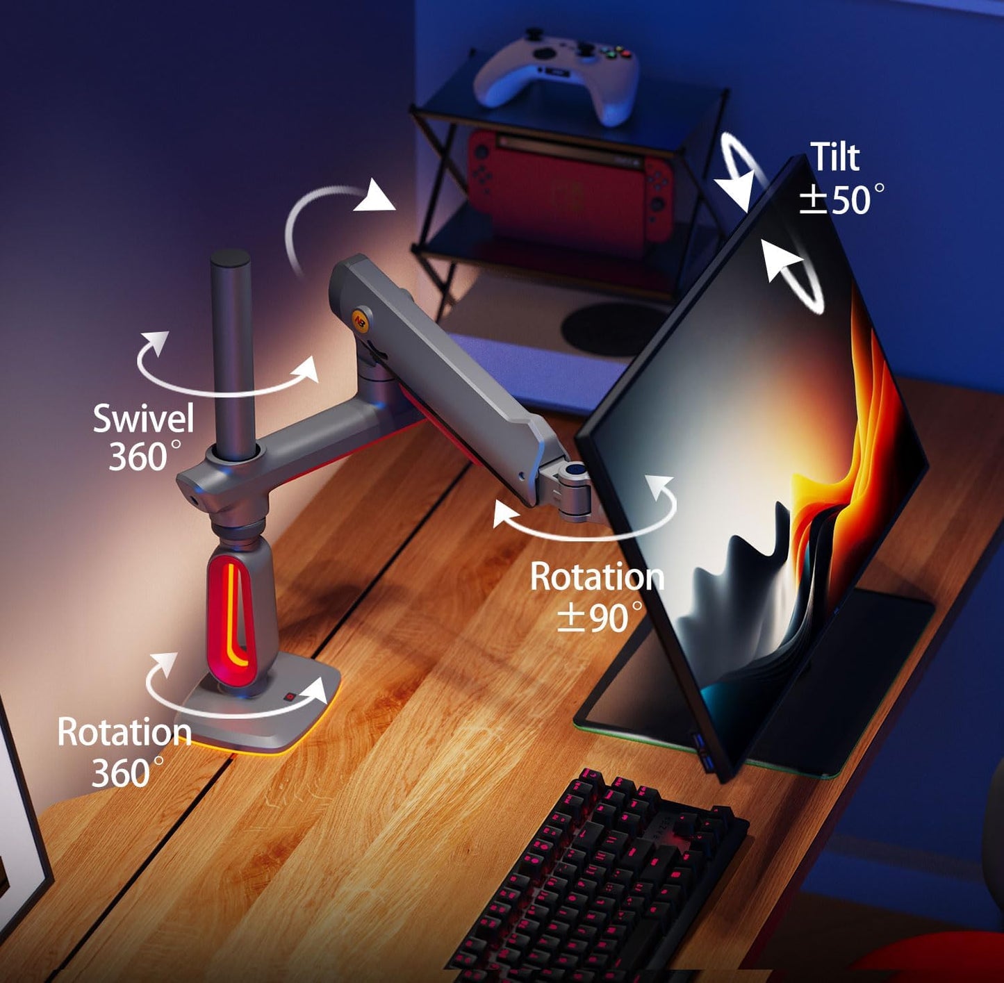 RGB Gaming Monitor-Arm for Flat/Ultrawide/Curved Monitors 32 to 60 inch, Heavy Duty Stand Load up to 20 kg, VESA 75/100 mm Monitor-Mount L70