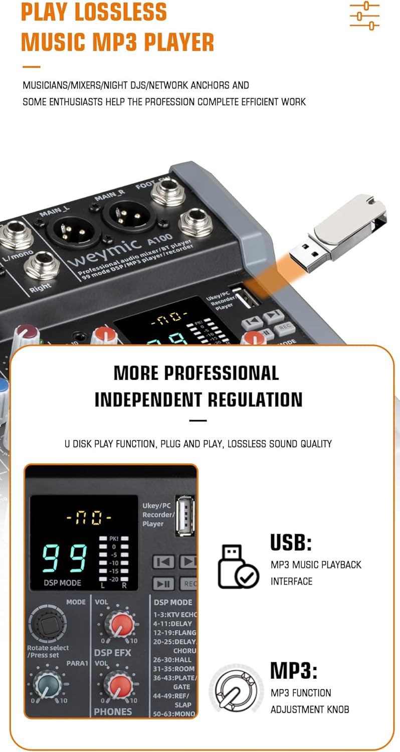 A-Series Professional Mixer for Recording DJ Stage Karaoke Music Application w/ 99 DSP Effect USB Drive for Computer Recording Input, XLR Microphone Jack, 48V Power for Professional (8-Channel)