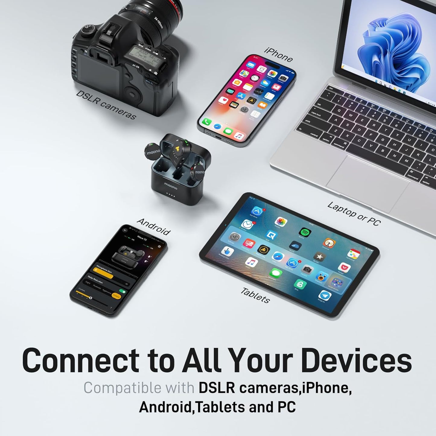 MAONO Wireless Lavalier Microphone for Camera/PC/Laptop/Phones, Mini Lapel Mic with 48khz 24bit, 1000ft Range, Noise Cancellation, Gain Knob, Mono-Stereo Switch, 30H Use for Video Recording - Wave T5