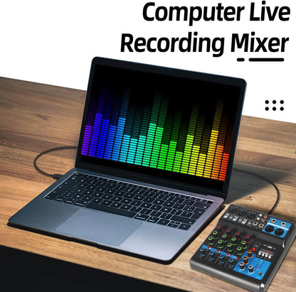 Dj Mixers 5 Channel Audio Mixer Sound Board with Bluetooth, Usb Audio Interface with 48V Phantom Power Sounds Mixer Board with FX Reverb Delay Effect for Streaming