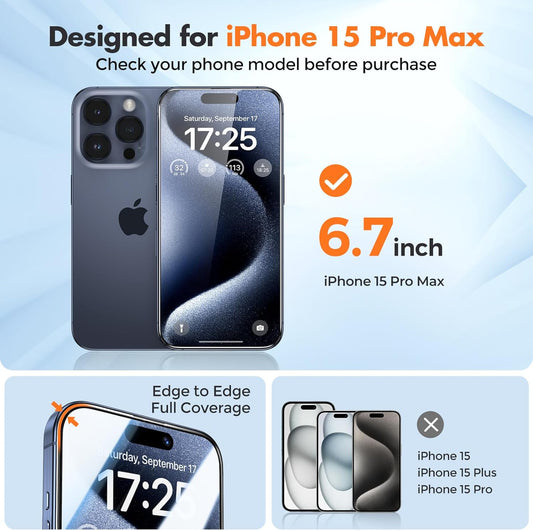 UNBREAKcable 3-Pack Screen Protector for iPhone 15 Pro Max, Double Shatterproof Tempered Glass [Easy Installation Frame] [HD Clear] [9H Hardness] [Full Coverage] for iPhone 6.7 inch