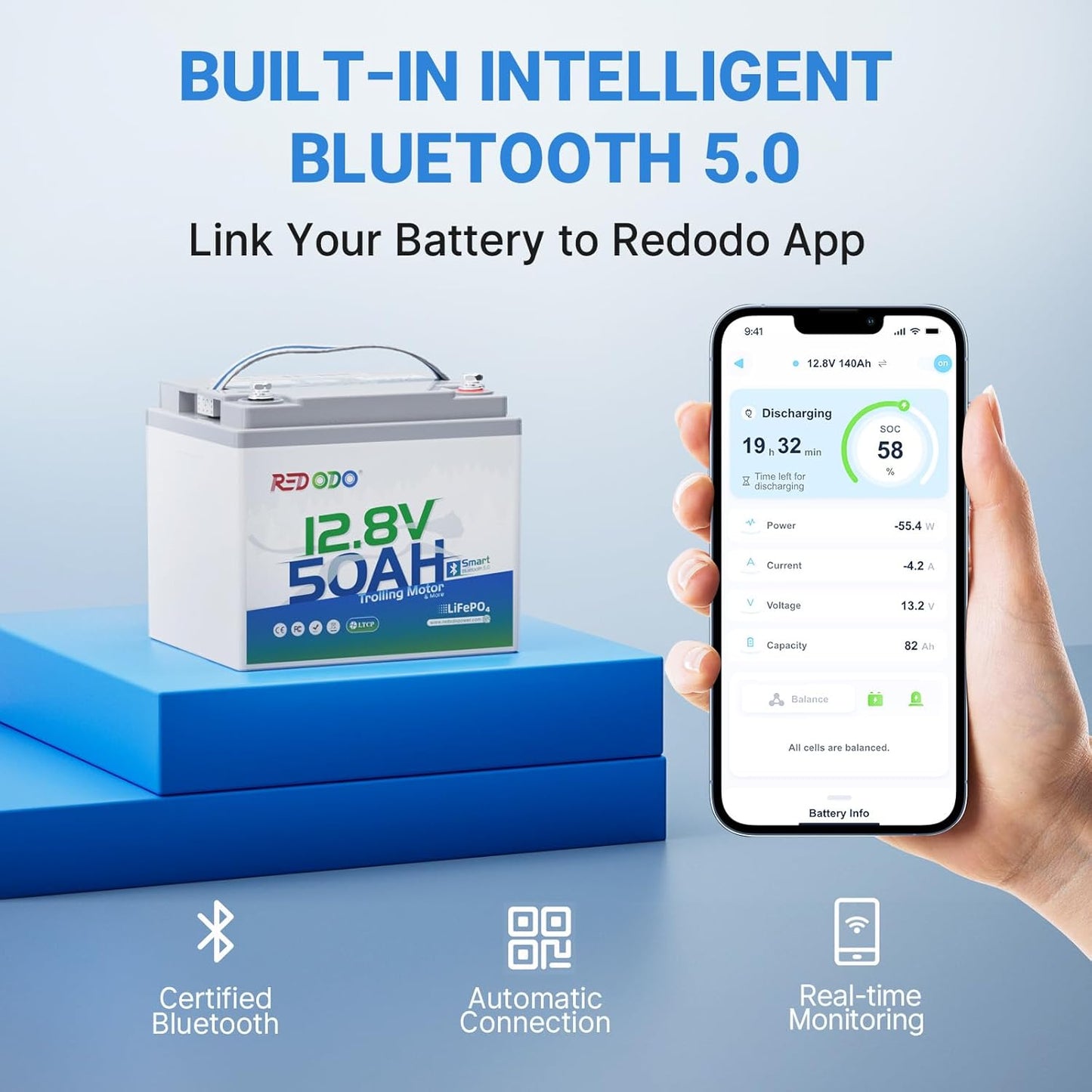 Redodo Smart Bluetooth 12V 50Ah LiFePO4 Lithium Battery for Trolling Motor, Low-Temp Protection, 10 Years Lifetime, Lightweight & Portable Perfect for RV, Solar, Boat Marine and Camping