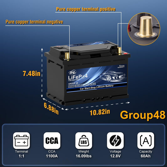Group48 LiFePO4 Lithium-ion Car Battery Lightweight Design Auto Lithium Battery 12V 60AH High-Performance Car Battery