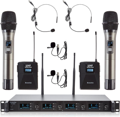 4 Channel Wireless Microphone System UHF 2 Cordless Handheld Mics and 2 Lavalier Headset Mics for Karaoke Church Speaking Conference Meeting Party, 4x25 Adjustable Frequency (2 Handheld + 2 Bodypack)
