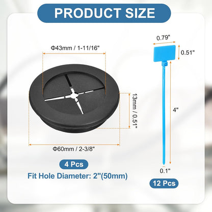 uxcell 4Pcs Cable Cord Grommet, 2"(50mm) Rubber Desk Grommets Wire Pass Through Hole Cover with Marked Cable Ties for Home Office Cable Wire Protection, Black