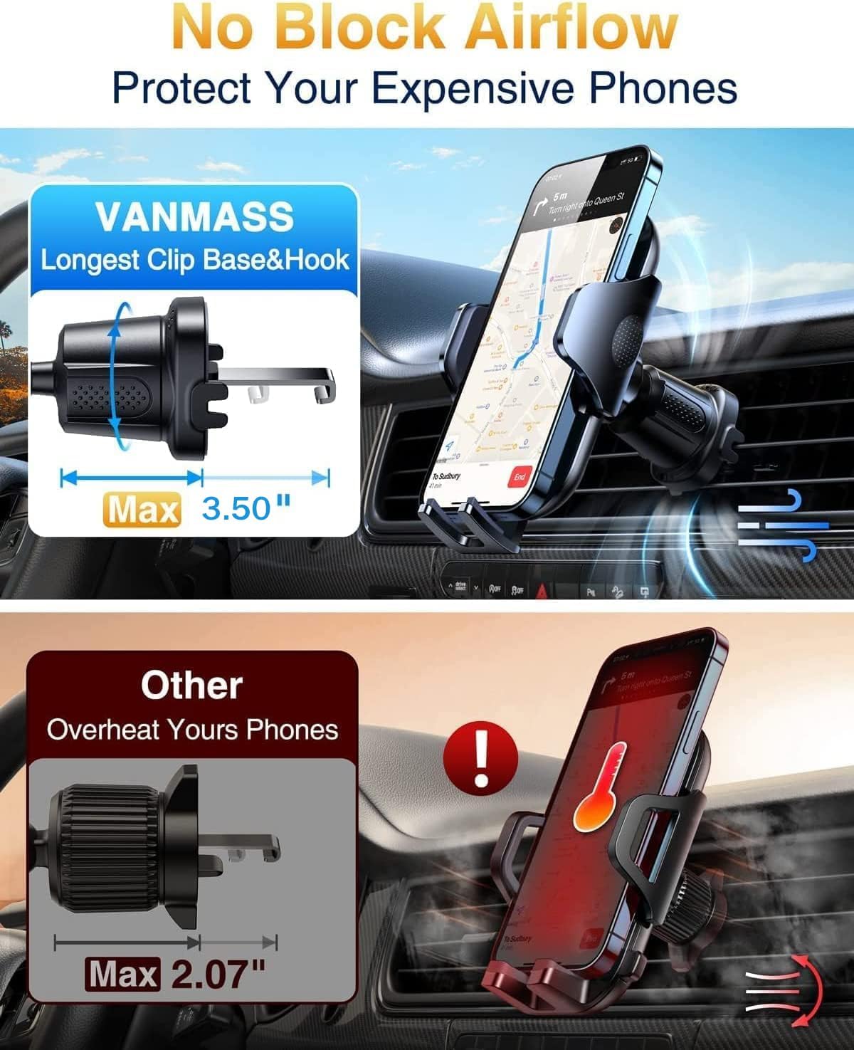 VANMASS Car Phone Holder Mount 2024 Upgraded [Patent Steel-Hook] Car Vent Phone Mount Clip Military-Grade Shockproof Cell Phone Car Mount Handsfree Truck Stand Vent Cradle for iPhone 15 Android,Grey