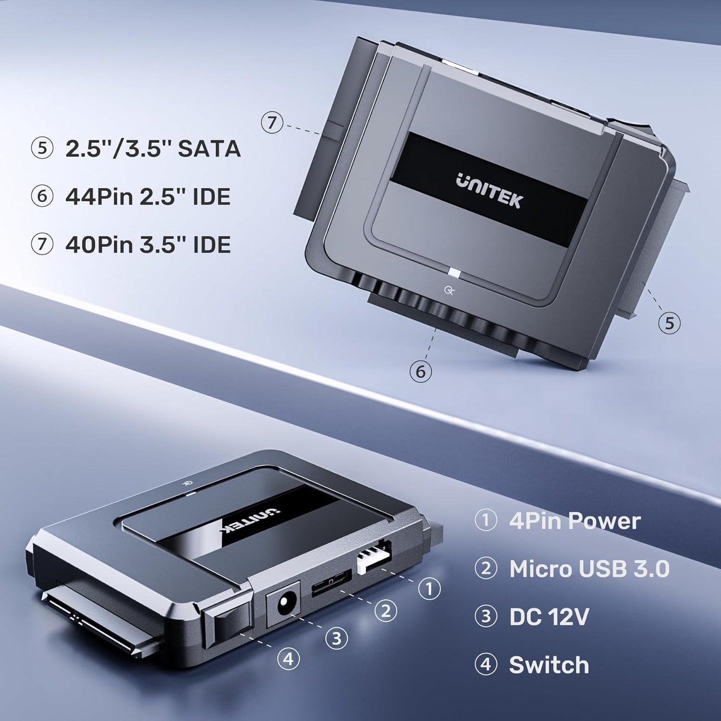 Unitek USB C to SATA 6Gbps IDE Adapter External Hard Drive Converter Kit for Universal 2.5/3.5 inch HDD/SSD Hard Drive Disk, DVD-ROM/CD-ROM/CD-RW, with USB C Connector & 12V/2A Power Adapter