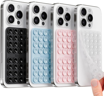 Klearlook 4Pack Silicone Suction Cup Phone Case Mount Double Sided, Sticky Phone Grip for Cell Phone, Hands-Free Phone Accessories for Selfies and Videos, Clear & Light Pink & Light Blue & Black