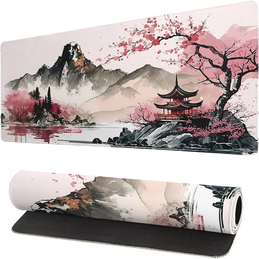 Watercolor Japanese Large Gaming Mouse Pad,Mouse Pad Gaming 31.5 x 11.8 in Mouse Mat Desk Pad,Large Desk Mat,Extended Keyboard Mousepad with Non-Slip Base and Stitched Edge for Desk Home Office