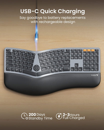 Backlit Bluetooth Ergonomic Keyboard, ProtoArc EK01 Plus Full Size Wireless Split Keyboard with Dual Bluetooth and USB, Cushioned Wrist Rest, Rechargeable for Windows/Mac/Android, Grey Black