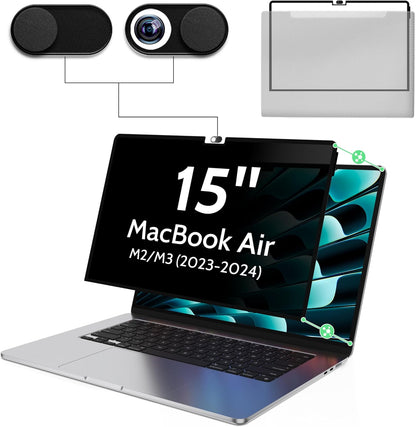 Privacy Screen for MacBook Air 15 Inch M2/M3/M4(2023-2025)-A3241 A2941 A3114 Anti Blue Light Glare Filter Removable Computer Protector, Bubble-Free Monitor Shield Laptop Film With Camera Cover