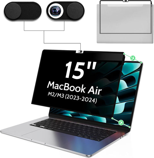 Privacy Screen for MacBook Air 15 Inch M2/M3/M4(2023-2025)-A3241 A2941 A3114 Anti Blue Light Glare Filter Removable Computer Protector, Bubble-Free Monitor Shield Laptop Film With Camera Cover