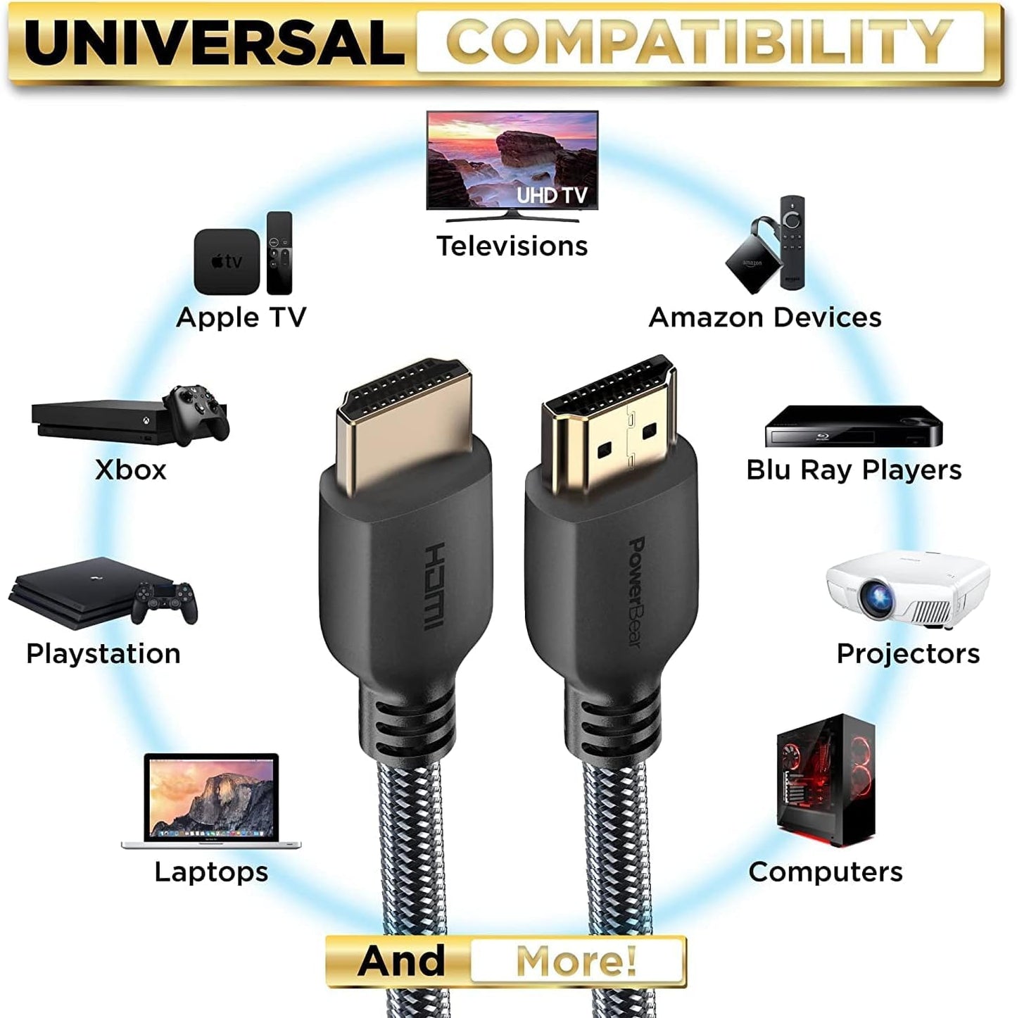 PowerBear 4K HDMI Cable 50 ft | High Speed, Braided Nylon & Gold Connectors, 4K @ 60Hz, Ultra HD, 2K, 1080P, ARC & CL3 Rated | for Laptop, Monitor, PS5, PS4, Xbox One, Fire TV, Apple TV & More