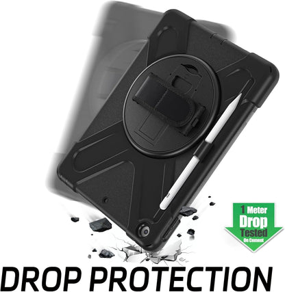 ZenRich Shockproof Case for iPad 9th/8th/7th Generation 10.2 inch 2021/2020/2019, Heavy Duty Rugged Case with Pencil Holder/360° Rotating Kickstand/Handle/Carrying Strap, Black
