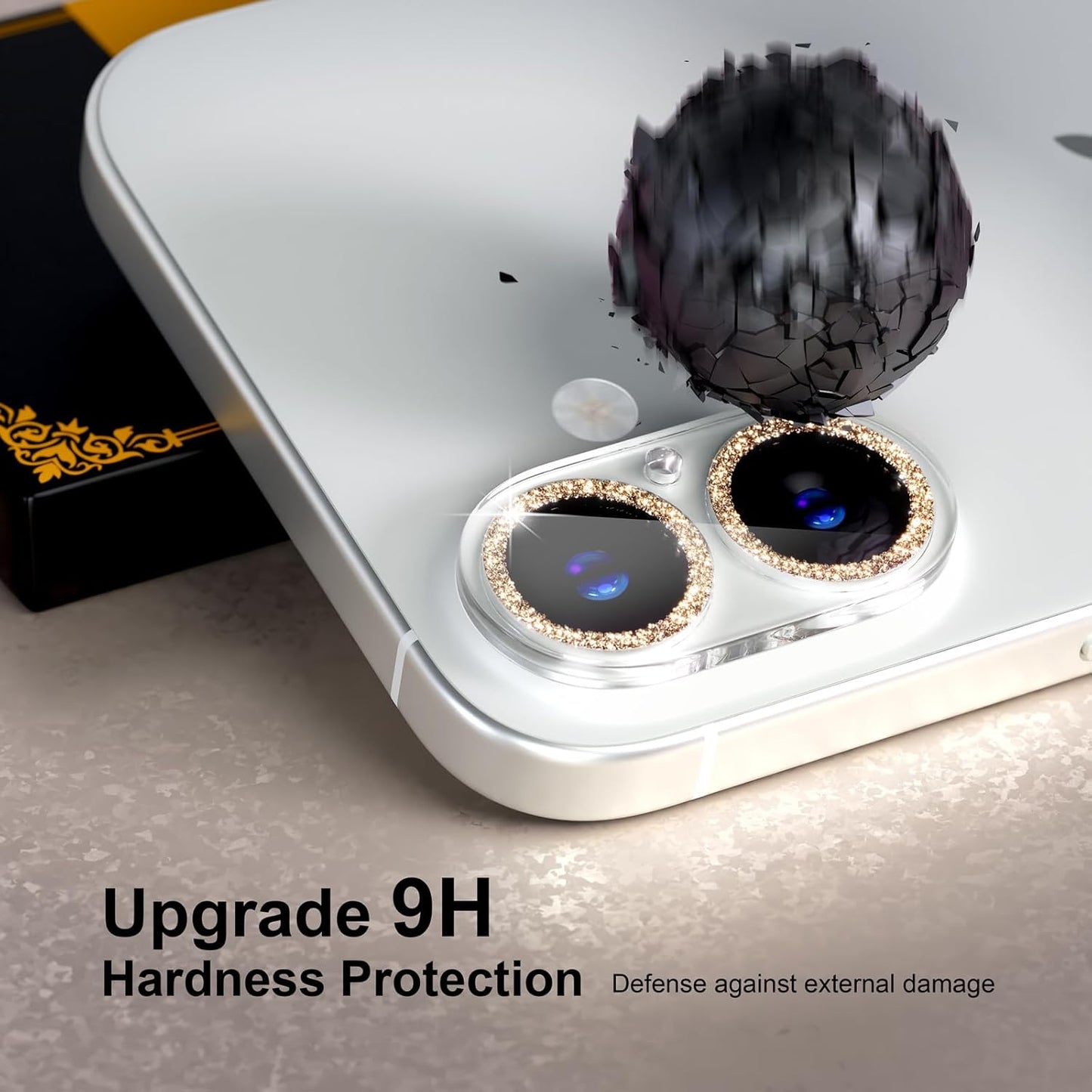 beuxece for 6 Pack iPhone 16 / iPhone 16 Plus Camera Lens Protector [Drop Protection] [Case Friendly] [Easy Installation] 9H Tempered Glass Camera Screen Protector Cover Accessories, Glitter Gold