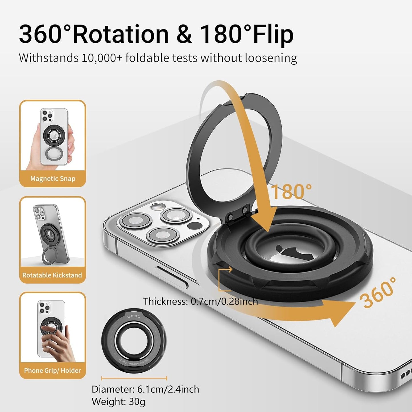 OPSO Magnetic Phone Ring Holder for MagSafe, 360 Degree Rotation Silicone Finger Ring Grip Stand Holder, Adjustable Kickstand, Compatible with iPhone 16 15 14 13 12/Pro/Max, Samsung and All Smartphone