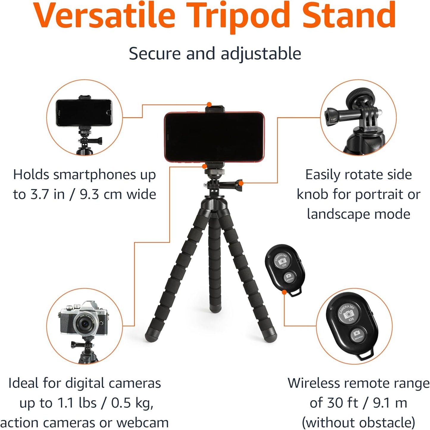 Amazon Basics Portable and Flexible Tripod with Wireless Remote and Smartphone Clamp, 10-inch long, Black