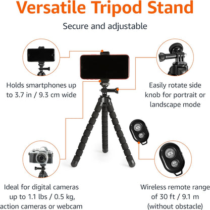 Amazon Basics Portable and Flexible Tripod with Wireless Remote and Smartphone Clamp, 10-inch long, Black