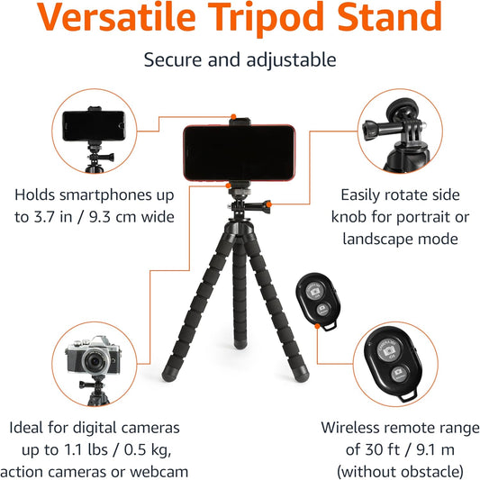 Amazon Basics Portable and Flexible Tripod with Wireless Remote and Smartphone Clamp, 10-inch long, Black