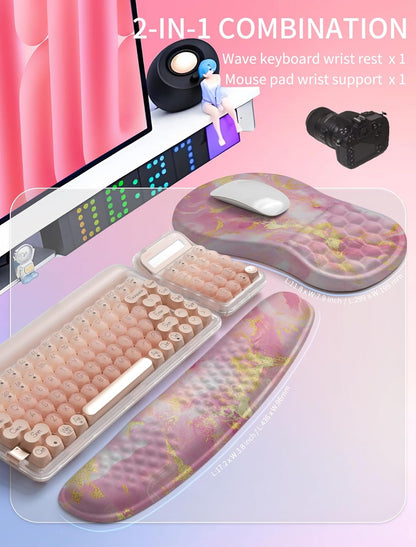 Hokafenle 2in1 Combination, Wave Keyboard Wrist Rest and Ergonomic Curvature Mouse Pad Wrist Support for Relieve Wrist Pain, Filled with Soft Cushion Memory Foam, Golden Pink Marble