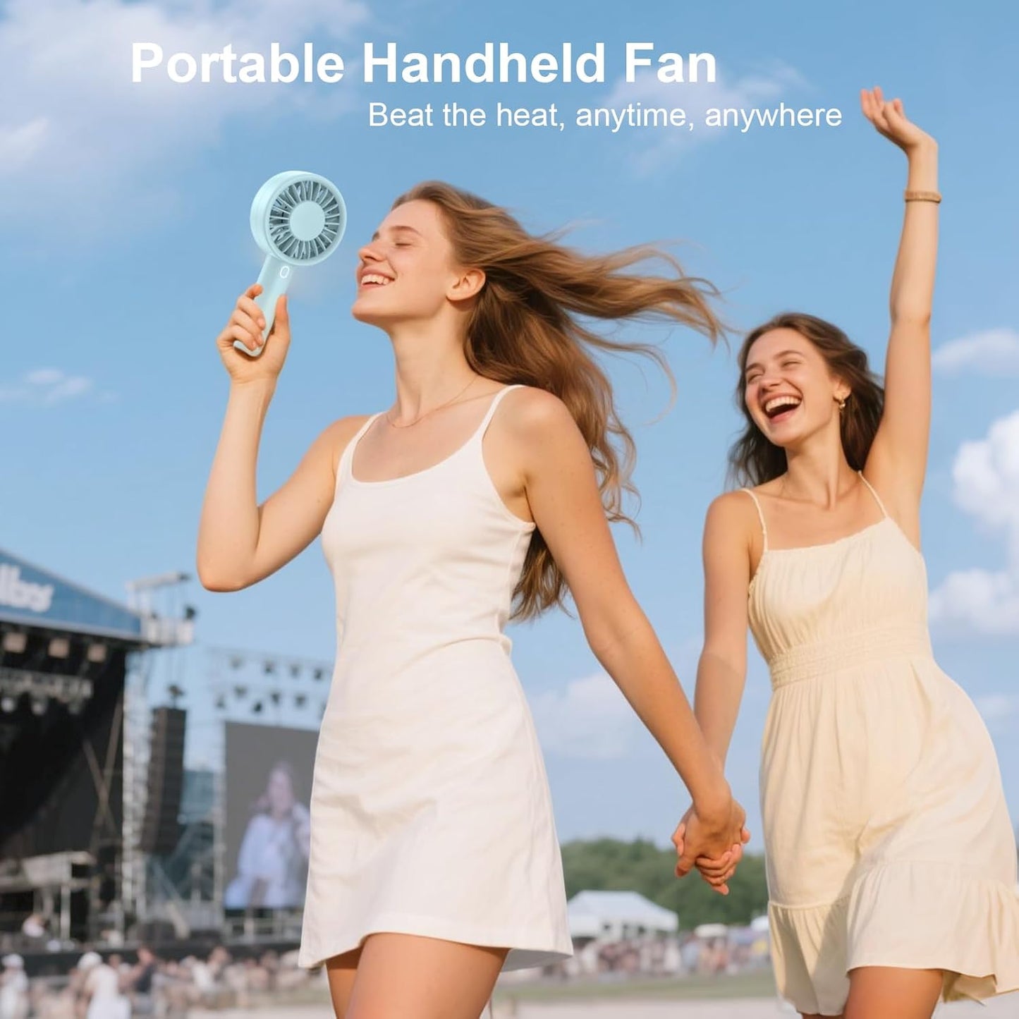 Portable Handheld Fan, USB Personal Fan Rechargeable Battery Operated 10H Working Cooling Time Mini Small Design with Base for Desktop/Travel/Outdoor/Vacation/Concerts/Lash Makeup-Blue