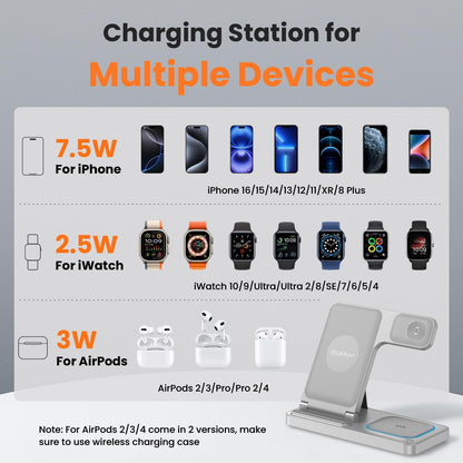 DUMTERR 3 in 1 Wireless Charger for iphone 16 15 14 13 12 11 XR 8, Apple Charging Station for Apple Watch 10/9/Ultra/8/7/SE/6/5/4 & AirPods Series, Wireless Charging Station for Multiple Devices Apple