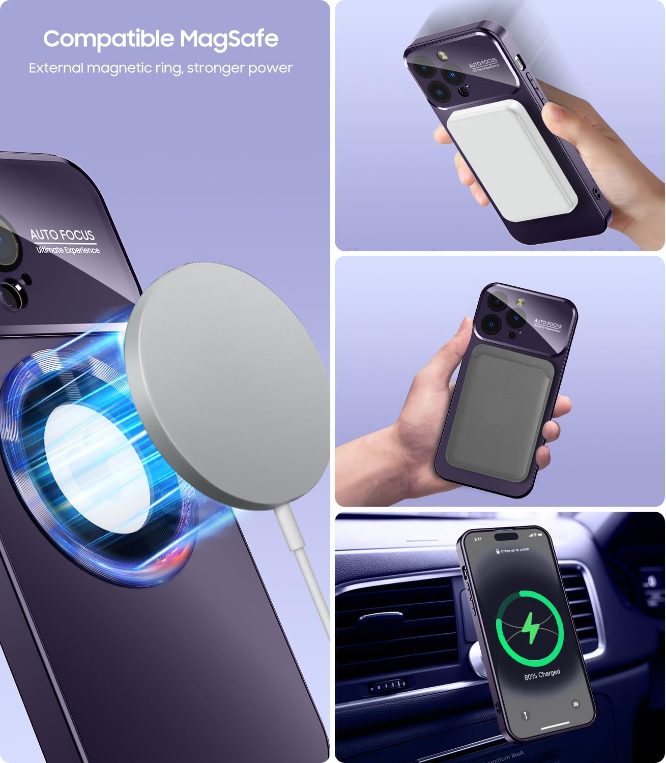 Magnetic for iPhone 14 Pro Max Case, Compatible with MagSafe, Built-in Camera Lens Protector, Logo View, Military Grade Drop Proof Phone Case Cover, Purple