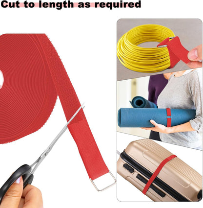 1"x16ft Hook and Loop Straps with 25 Metal Buckles, Adjustable Fastening Cable Straps, Cut-to-Length Cinch Strap, Reusable Nylon Securing Cord Ties for Organizer or Storage, 1 inch Wide,Red