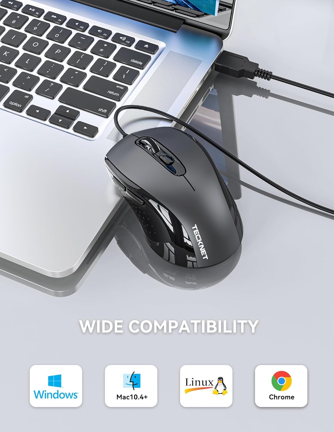 TECKNET Computer Wired Mouse, USB Mice for Laptop with 6-Button, 3600DPI Optical PC Wired Mouse, Home and Office 5FT USB-A Corded Comfortable Mice, Plug & Play, NO Battery Required-Grey