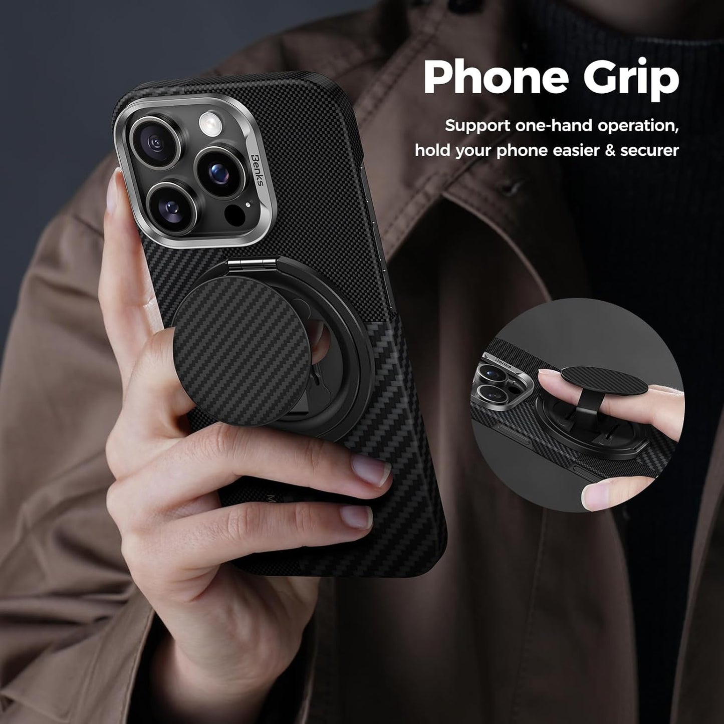 BENKS ArmorPop Magnetic Phone Grip & Stand for MagSafe, 360° Rotation Adjustable Phone Ring Holder for iPhone 17/16/15/14/13/12 Series, Durable Kevlar Design