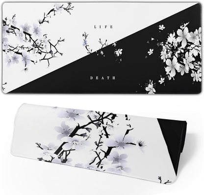 Japanese Life Death Keyboard Mat, Black White Japanese Anime Gaming Mouse Pad for Desk with Anti-Slip Rubber Base and Stitched Edges, Japanese Sakura Pagoda Sun Mouse Pad