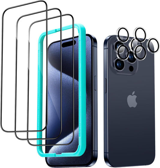 ESR 3+2 Pack for iPhone 15 Pro Screen Protector, 3 Black Edge Tempered-Glass Film and 2 Set Camera Lens Protector, 2.5D Curved Edges, Full-Coverage Military-Grade Protection, Scratch Resistant