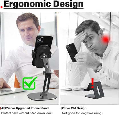 APPS2Car Phone Stand for Desk [No Dropping Stable Triple-Clamp Holder] Adjustable Height 360 Degree Rotation Heavy Base Thick Case Friendly, Multifunctional Cell Phones Stand for iPhone Android Phones