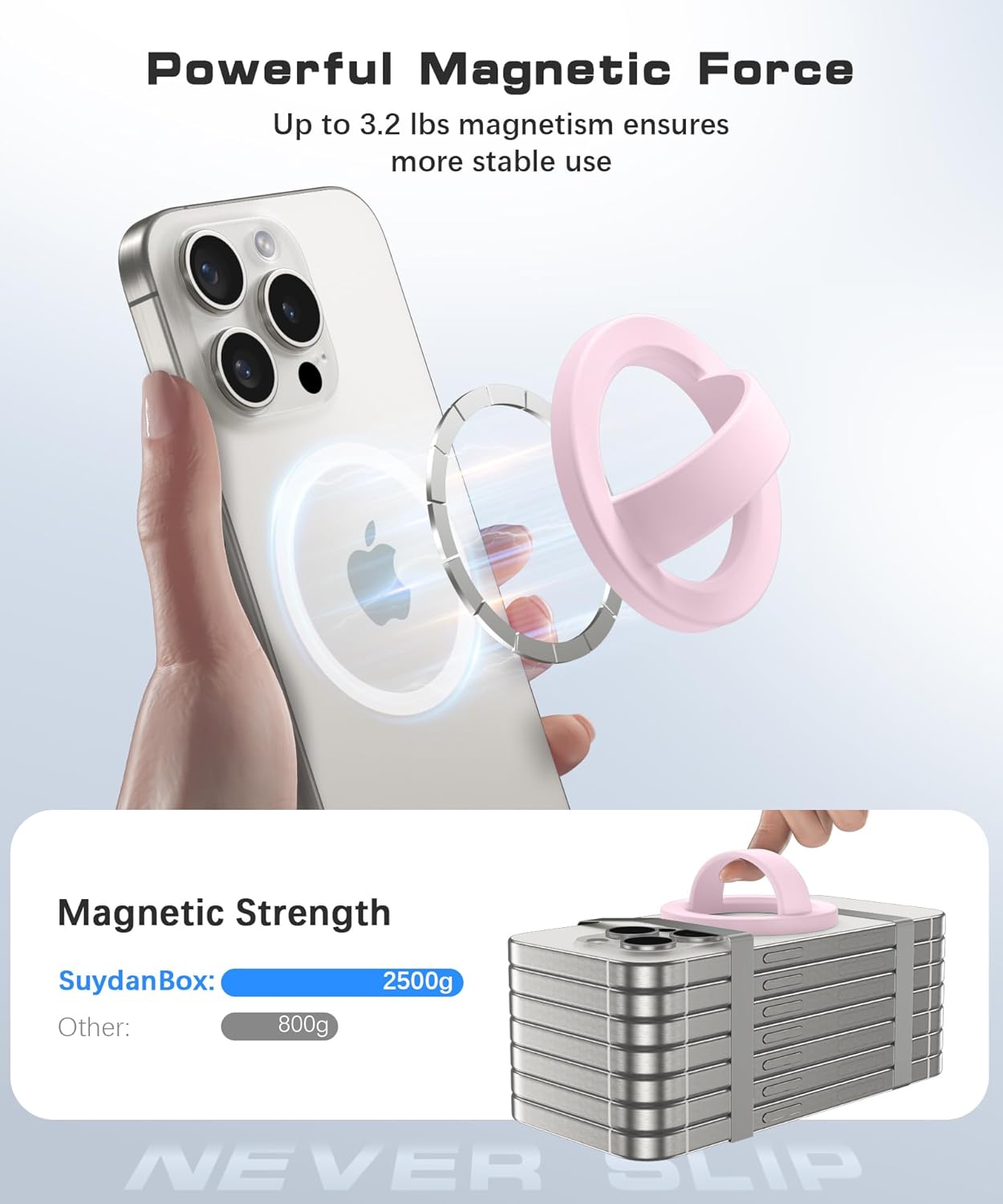 Magnetic Phone Grip, Removable Loop Grip with Soft Finger Strap, Silicone Phone Ring Holder for Back of Phone for iPhone 16/15/14/13/12 Pro Max/Plus, Chalk Pink