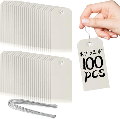 100 Pieces Plastic Shipping Tags with Wires Blank Labeling Tags Waterproof Hang Tags with Reinforcement Hole Durable Wire Tags Labels Stacking Tags for Equipment Parts (Grey, 4 3/4" x 2 3/8")