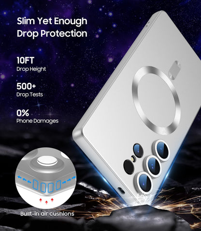 Magnetic for Samsung Galaxy S25 Ultra Case [Compatible with MagSafe][Built-in Camera Lens Protector] Slim Soft Silicone Bumper Shockproof Metallic Luster Phone Shell (Silver)