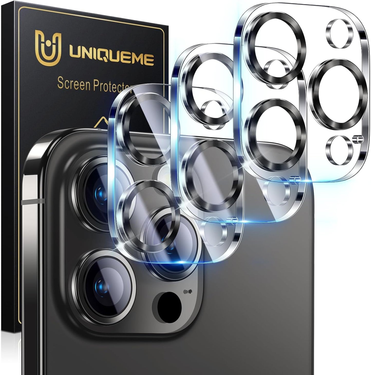 UniqueMe Compatible for 3 Pack iPhone 15 Pro/iPhone 15 Pro Max Camera Lens Protector, [Drop Protection] [Case Friendly] 9H Tempered Glass Camera Cover Screen [2023 New Version] - Grey