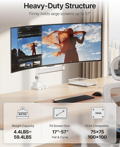 monTEK Heavy-Duty Single Monitor Arm for 17-57 inch, up to 59.4lbs Ultrawide Screens,Gas Spring Dual Curved Adjustable Monitor Stand for Desk,75/100mm VESA Mount with USB，White