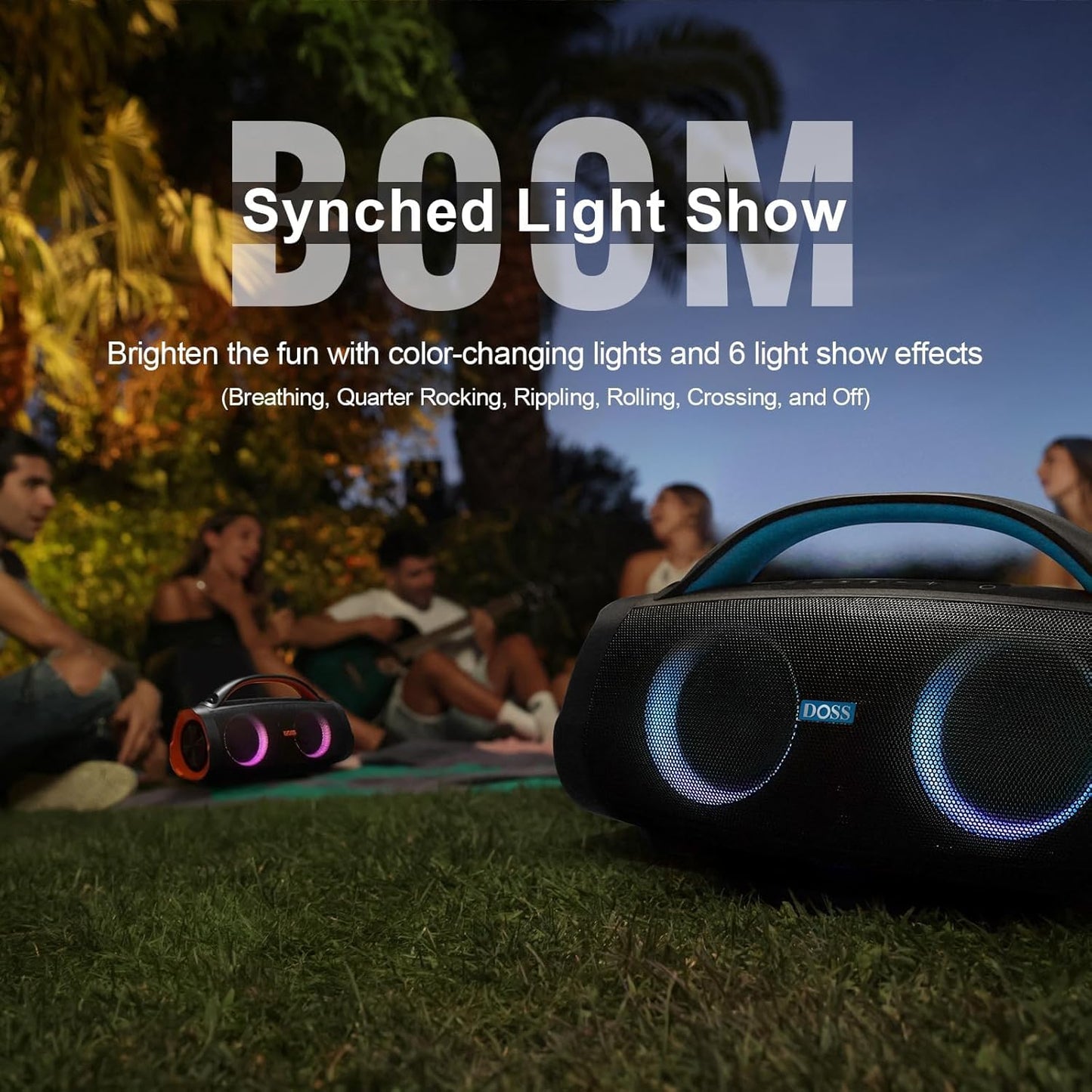 DOSS Extreme Boom Pro Loud Bluetooth Speaker with 100W Stereo Sound, Extra Bass, 20H Playtime, Party-Sync Led Lights, Built-in Power Bank, IPX6 Waterproof for Outdoor, Camping, Travel-Blue