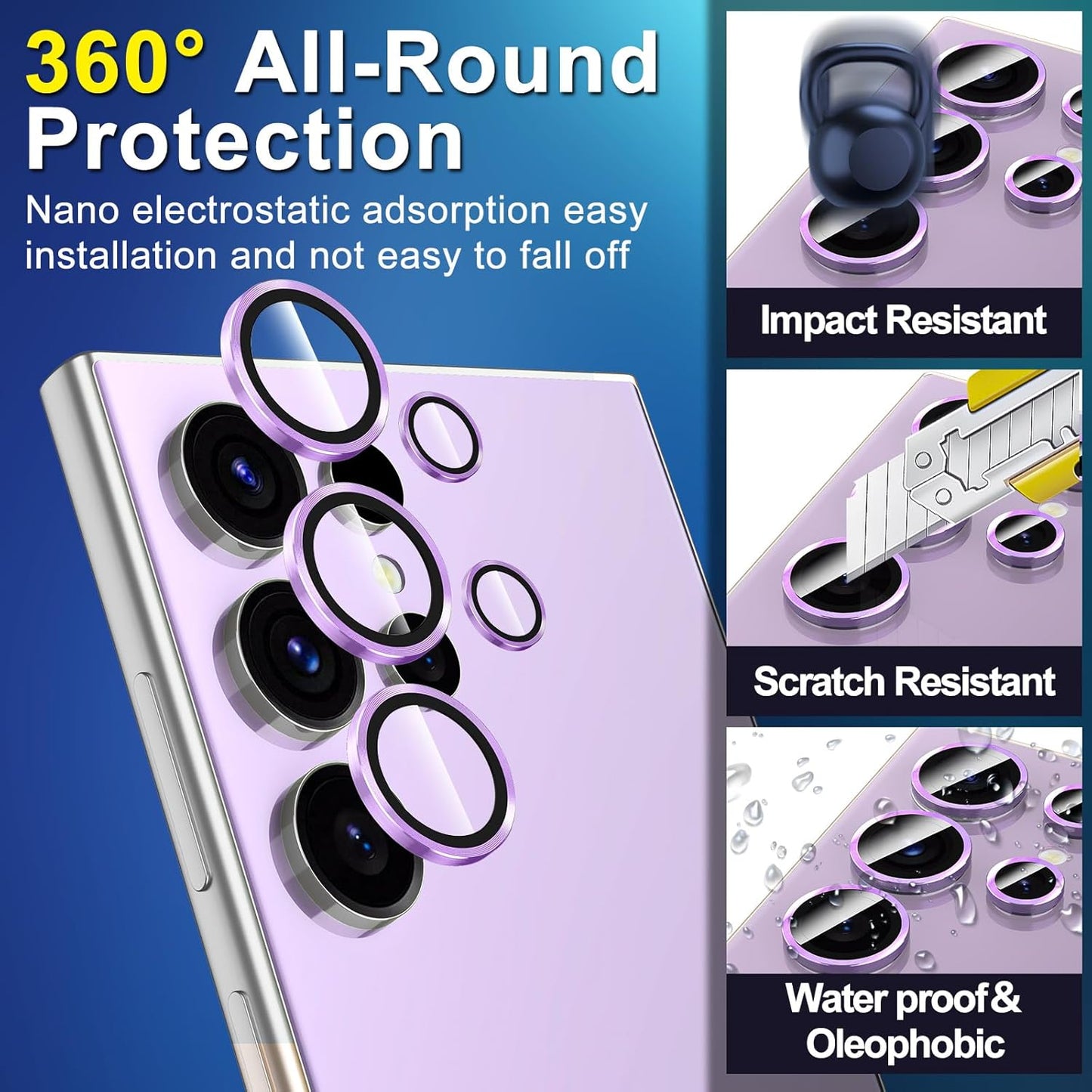 for Samsung Galaxy S23 Ultra Camera Lens Protector, Individual Metal Ring Tempered Glass Lens Cover, [Strong Adsorption] Scratch Resistant Ultra-Thin HD Clear Lens Cover, 1 Set-Purple