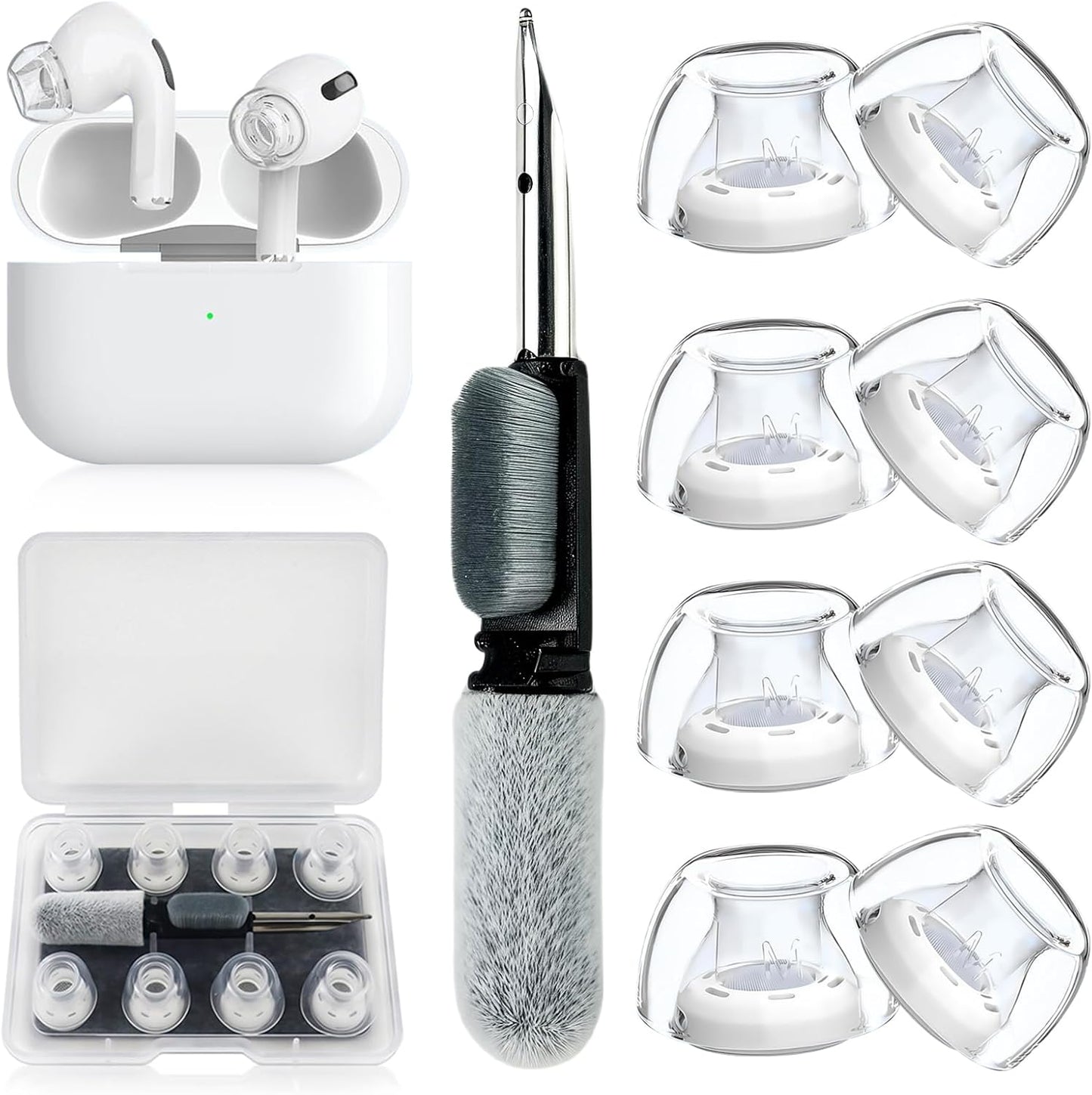 4 Pair Compatible with AirPods Pro 2nd/1st Generation Replacement Ear Tips,with Noise Reduction Hole & Built-in dust Guard Screen,for USB-C Charging Case with Cleaner kit -(4 Sizes XS/S/M/L)