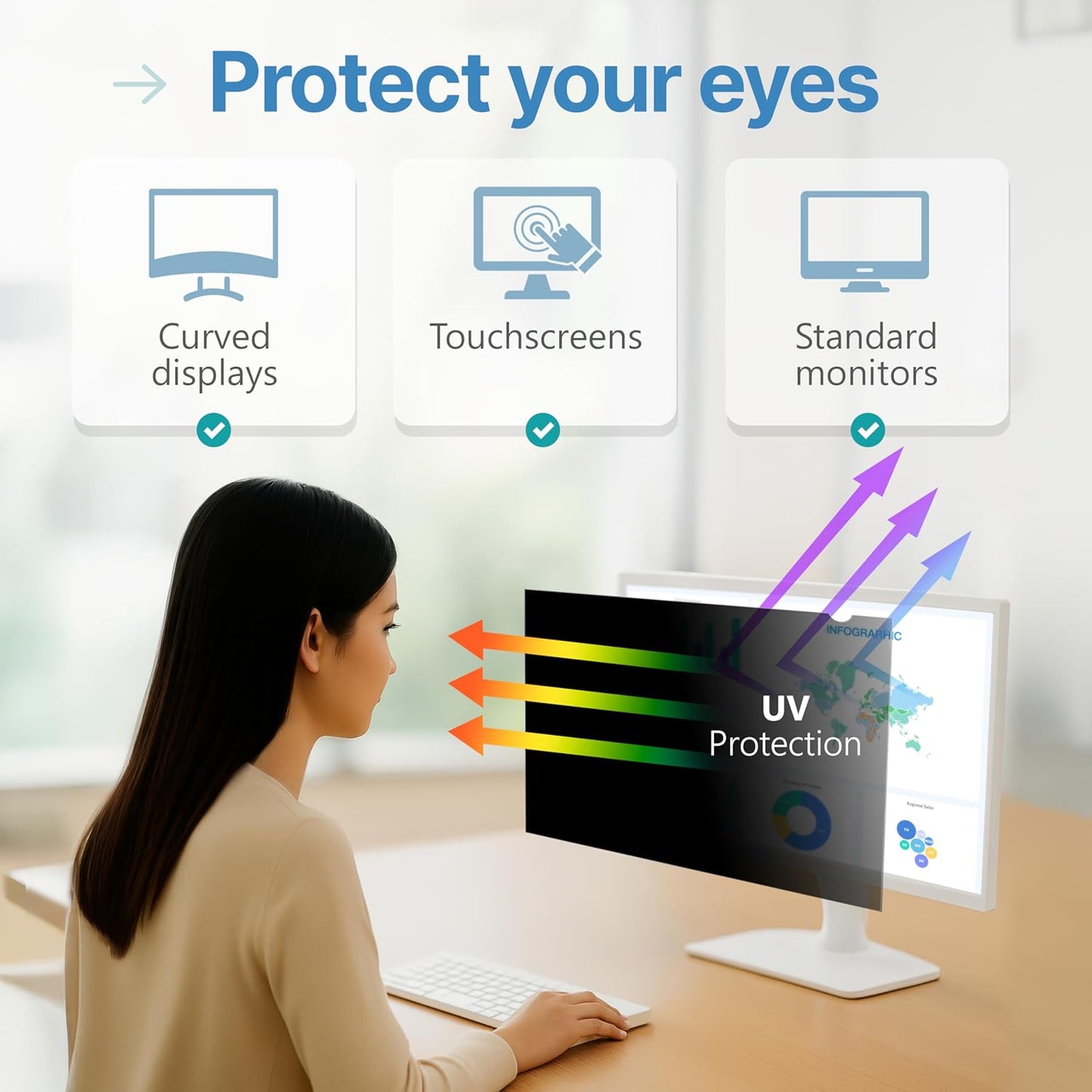 VINTEZ 24 Inch 16:10 Privacy Screen for Computer Monitor and Laptop - Anti Glare Protector Film Blue Light Filter Eye Protection - Computer Screen Privacy Shield, [1 Pack]