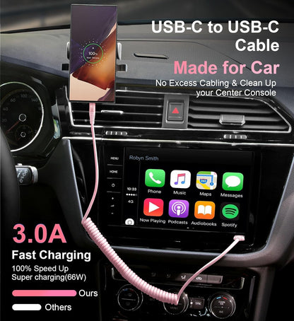 USB C to C Cable 3FT for Car, Coiled USB C Fast Charging Cable for iPhone 16, 2Pack Type C Cord for iPhone 15/Plus/Pro/Pro Max/Samsung Galaxy S23-Pink