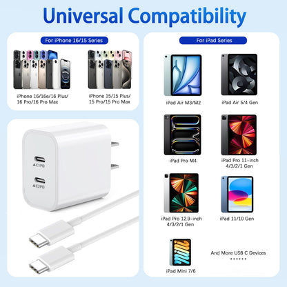 iPhone 16 Chargers,2Pack Dual USB C Port Fast Wall Chargers Block with 3FT USB C to C Charger Fast Charging Cable Cord for iPhone 16e/16 Pro Max/16 Pro/16 Plus/15 Pro Max/15 Pro/15/iPad Pro/Air/Mini