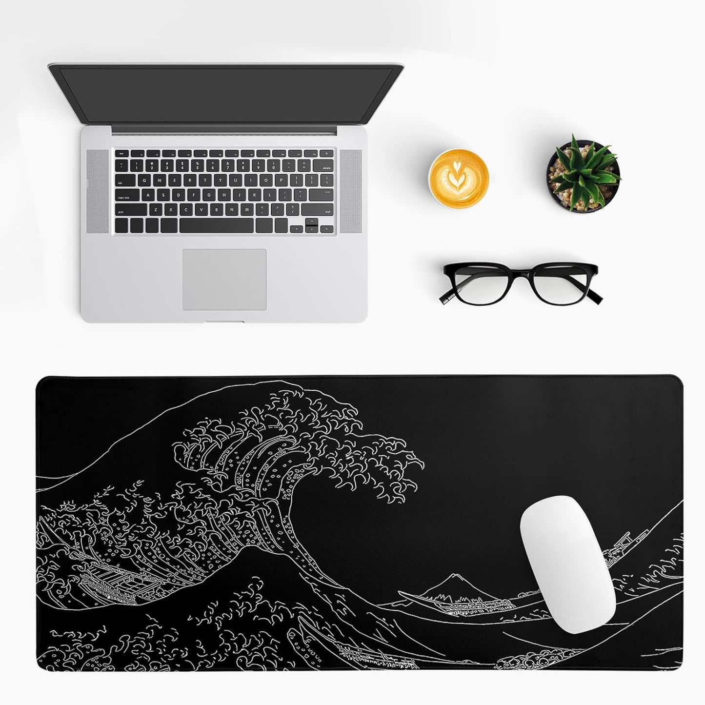 Japanese Sea Wave Large Mouse Pad Abstract Black Mouse Pad 31.5x11.8 Inch Black Kanagawa Texture Non-Slip Rubber Base Large Ocean Mousepad Stitched Edge Keyboard Mouse Mat Desk Pad for Office and Home