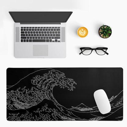 Japanese Sea Wave Large Mouse Pad Abstract Black Mouse Pad 31.5x11.8 Inch Black Kanagawa Texture Non-Slip Rubber Base Large Ocean Mousepad Stitched Edge Keyboard Mouse Mat Desk Pad for Office and Home