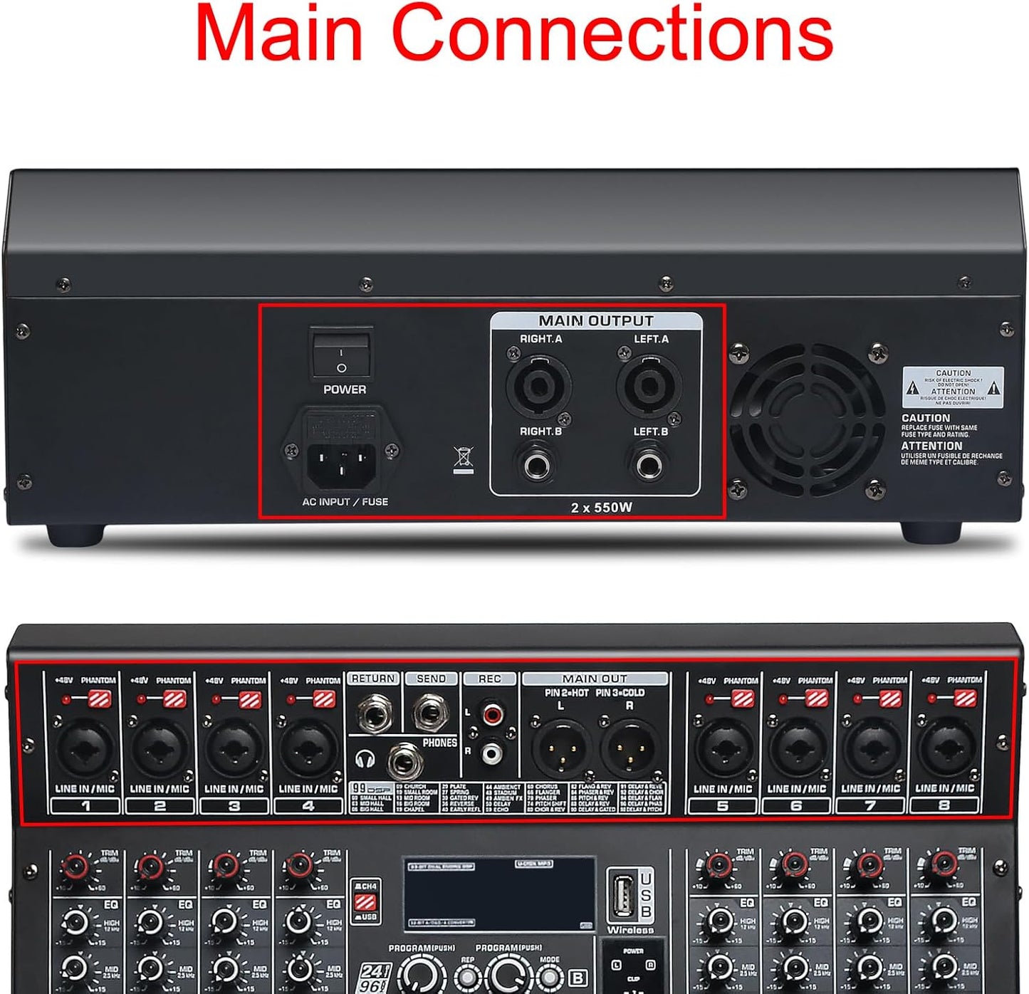 Audio Mixer 8 Channel, DJ Mixer Board with Power Amplifier, Audio Sound Card with 48V Phantom Power, Usb Audio Interface, Sounds Mixer Board with 99 DSP FX Reverb Delay Effect for Streaming